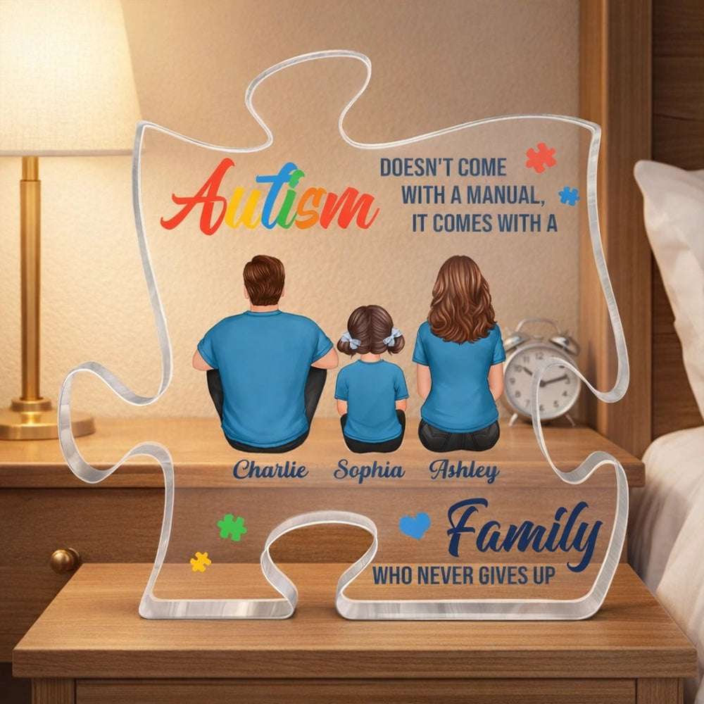 Never Give Up Autism Puzzle Acrylic Block Plaque Warm Family Back View Keepsake Home Decor Unique Creative Gift For Parents