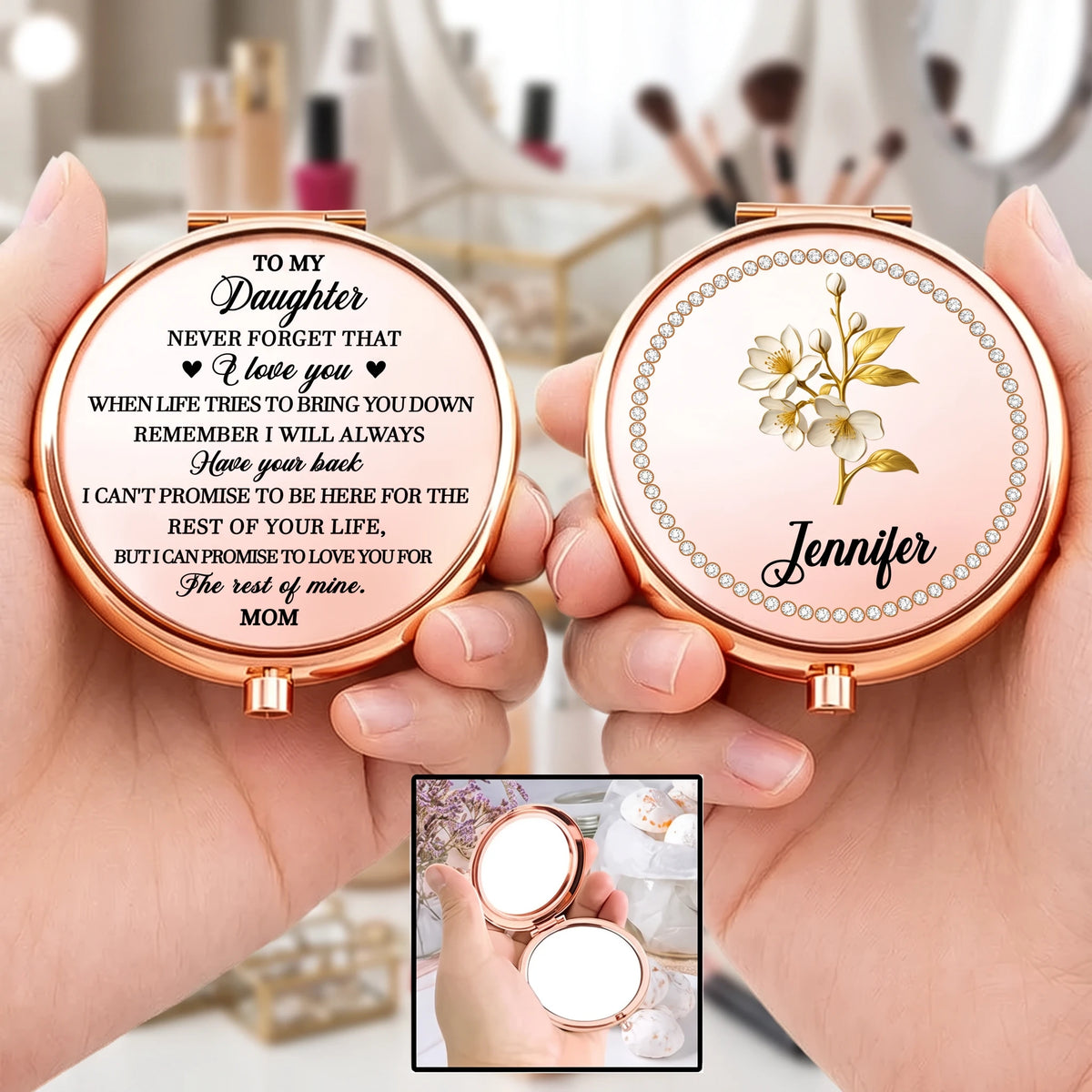 Personalized Metal Compact Mirror for Daughter, Rose Gold Floral Design, Unique Gift from Mom