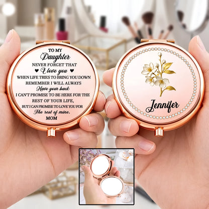 Personalized Metal Compact Mirror for Daughter, Rose Gold Floral Design, Unique Gift from Mom
