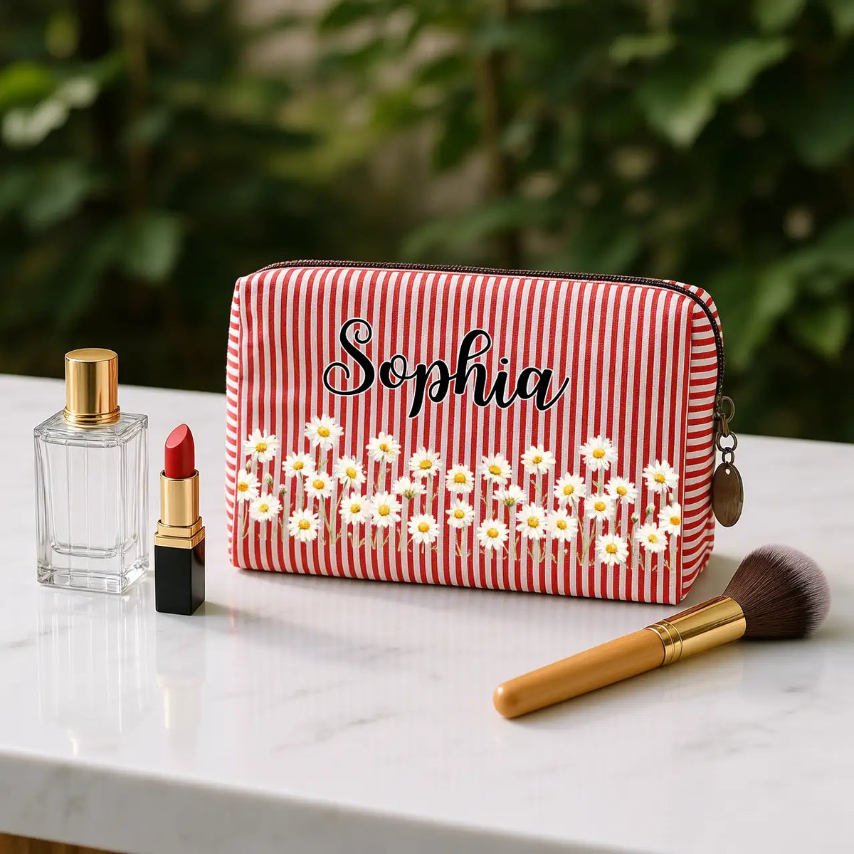 Personalized Stripes Makeup Bag with Daisy Design, Unique Gift for Beauty Lover and Travel Storage