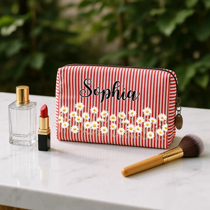Personalized Stripes Makeup Bag with Daisy Design, Unique Gift for Beauty Lover and Travel Storage