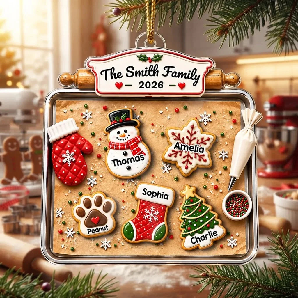 Personalized Acrylic Ornament, Gingerbread Family Baking Scene, Unique Christmas Gift for Families