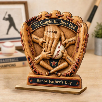 Personalized Wooden Plaque, Baseball Glove Dad & Kids' Hands, Unique Father's Day Gift for Dad