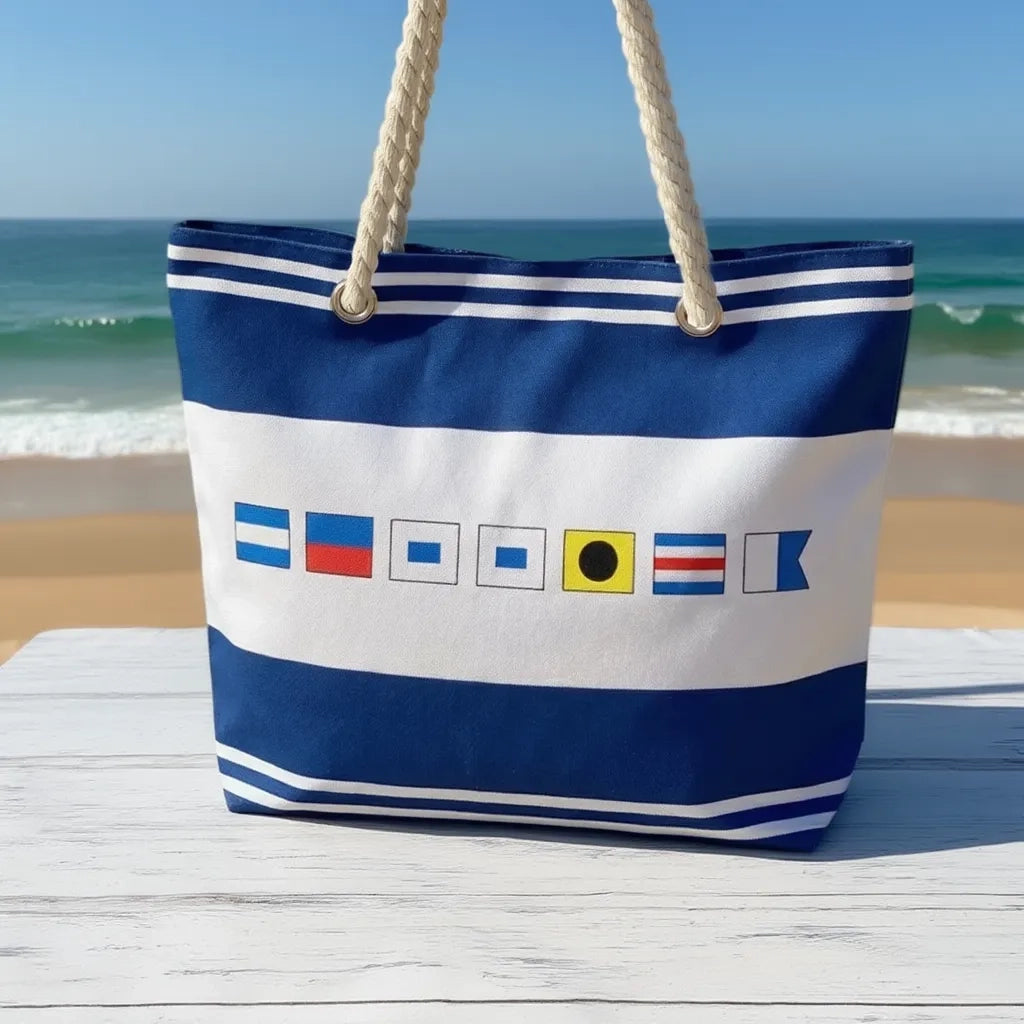 Personalized Nautical Flag Rope Handle Canvas Bag for Beach Days - Unique Coastal Gift for Her