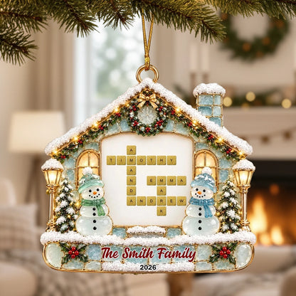 Personalized Acrylic Ornament, Family Name Crossword with Snowmen by a Snowy Cottage, Unique Gift for Family