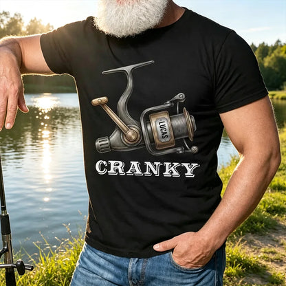 Personalized Classic Tee with Cranky Fishing Reel Graphic, Unique Gift for Grandpa