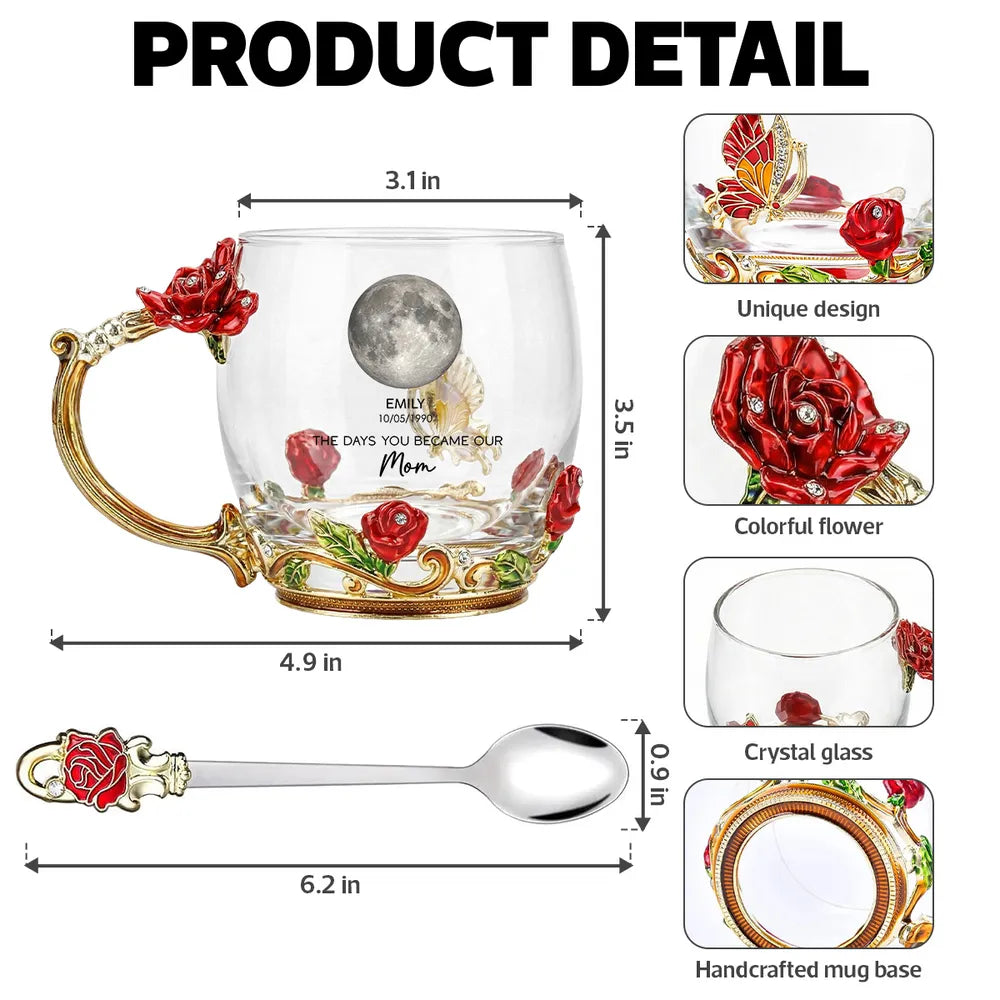 Personalized Enamel Flower Tea Cup with Custom Moon Phase for Mom - A Unique Gift That Celebrates Her Story