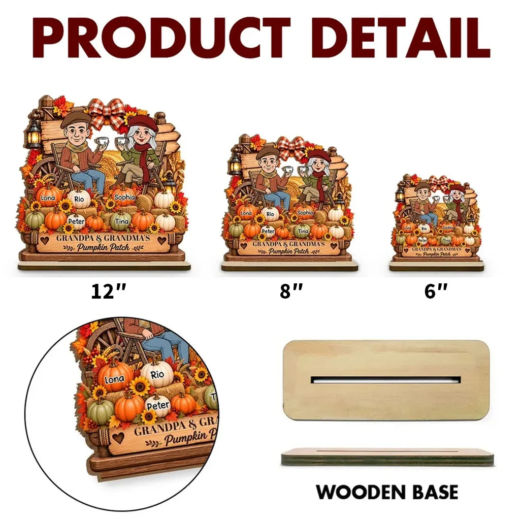 Personalized 2-Layer Wooden Plaque, Grandparents Sharing Coffee in an Autumn Pumpkin Patch, Unique Family Gift