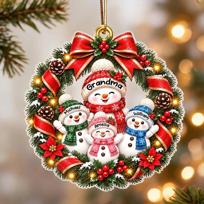 Grandma's Family Love Acrylic Ornament, Personalized Waving Snowman Wreath Keepsake, Creative Christmas Gift