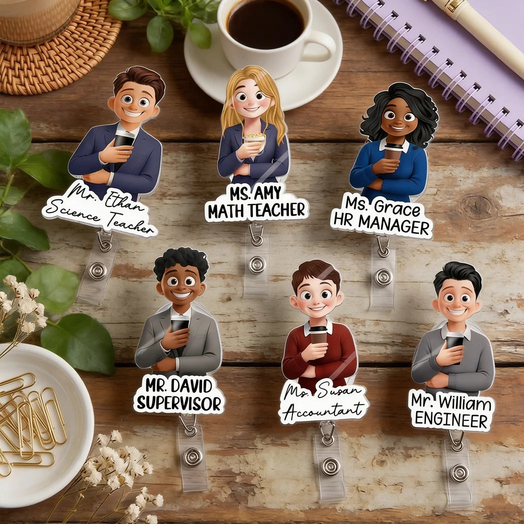 Personalized Acrylic Badge Reel, Colorful Cartoon Professional Holding Coffee, Unique Gift for Teachers and Coworkers