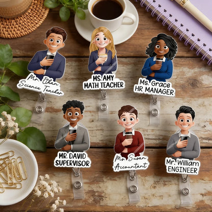 Personalized Acrylic Badge Reel, Colorful Cartoon Professional Holding Coffee, Unique Gift for Teachers and Coworkers