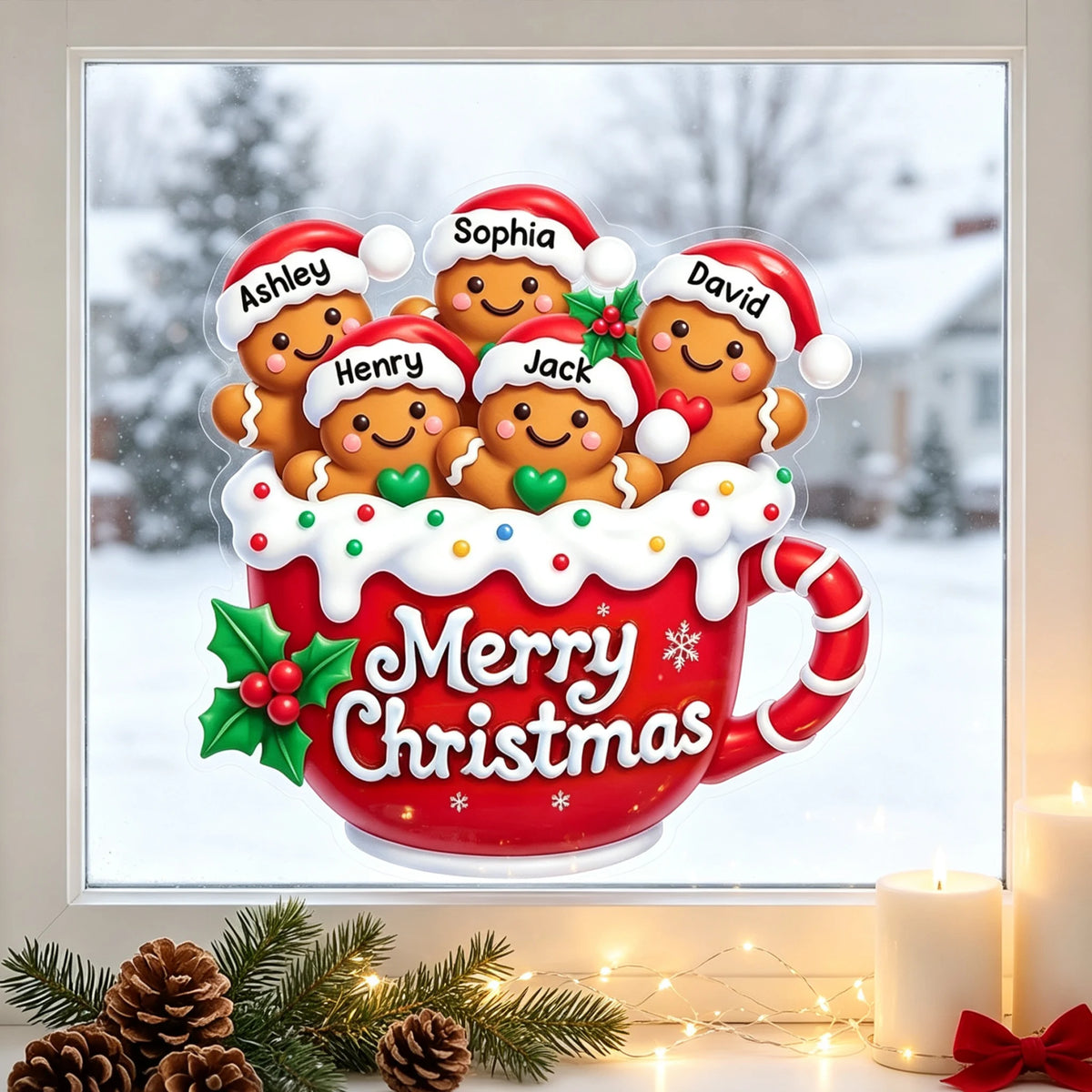 Warm Christmas Sticker Decal, Gingerbread Family Gathered in Red Mug, Personalized Creative Gift for Grandparents