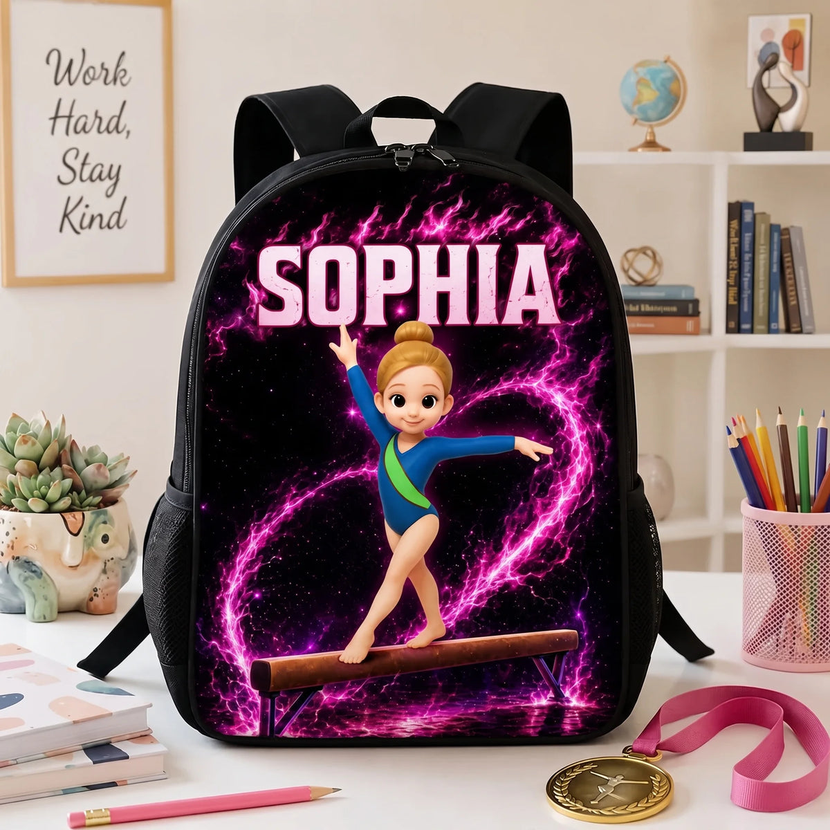 Kids School Backpack with Neon Gymnast Art, Unique Creative Gift to Cheer Daughter & Granddaughter