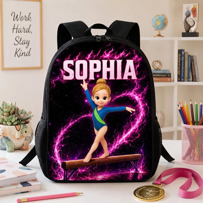 Kids School Backpack with Neon Gymnast Art, Unique Creative Gift to Cheer Daughter & Granddaughter