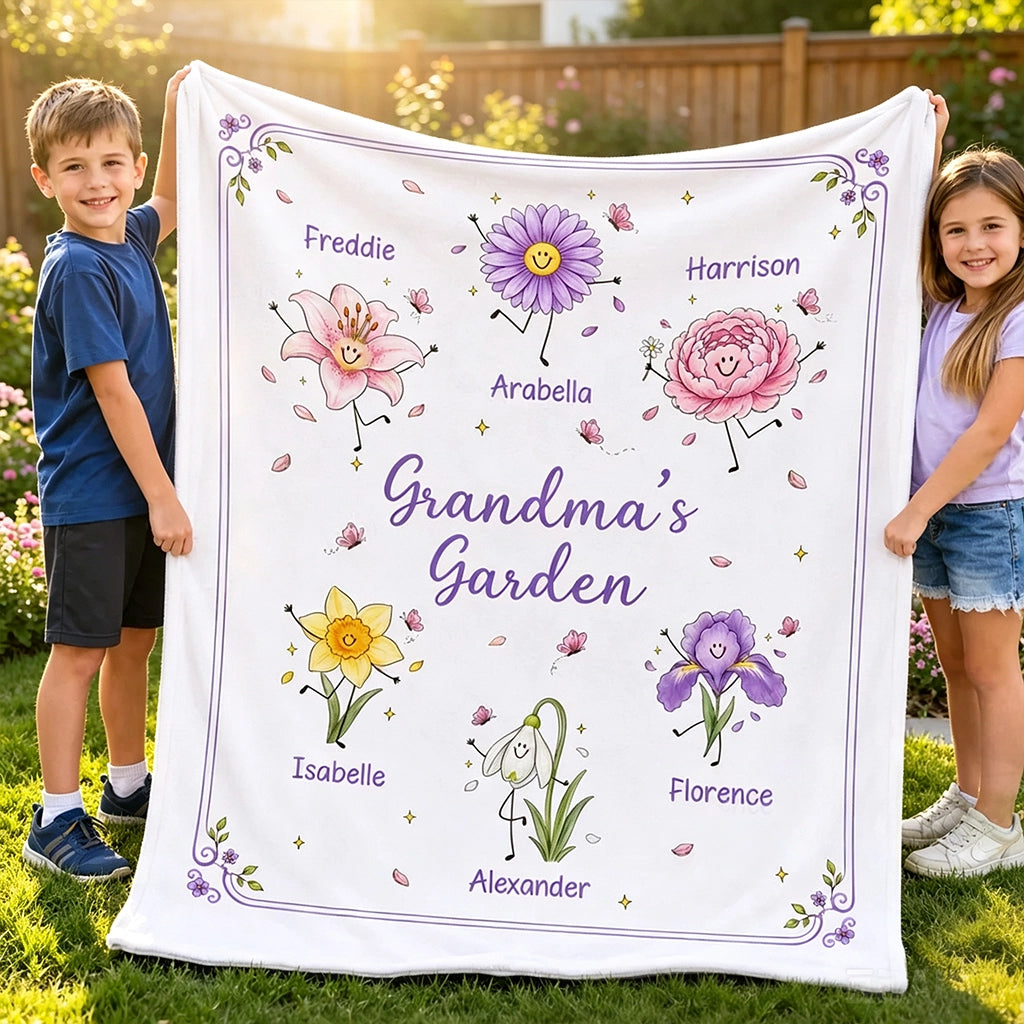 Personalized Fleece Blanket Held by Kids, Grandma's Garden Birth Flower Doodles, Unique Gift for Grandma