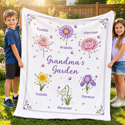 Personalized Fleece Blanket Held by Kids, Grandma's Garden Birth Flower Doodles, Unique Gift for Grandma