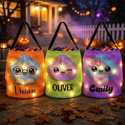 Personalized LED Light Up Fabric Basket, Cute Reading Dumpling Halloween Trick or Treat, Unique Gift for Kids