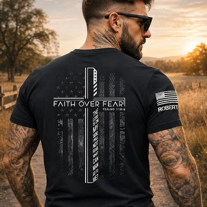 Personalized Dual Print Classic Tee, Faith Over Fear Cross Design, City Streetwear, Unique Christian Gift for Men