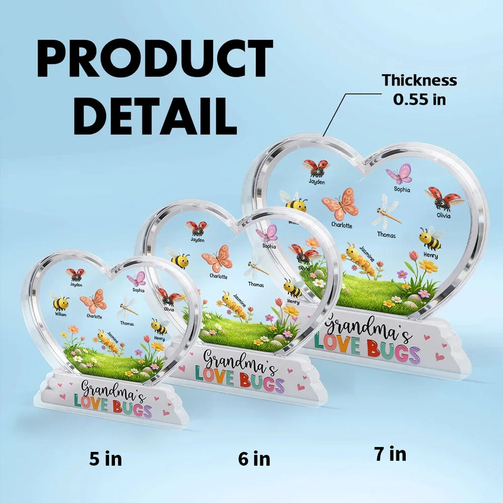 Shaped Acrylic Block Plaque Personalized Grandma's Love Bugs Heart Display, Sweet Keepsake Gift for Mom or Grandma