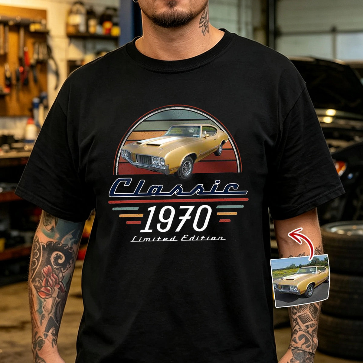 Personalized Classic Tee With Custom Car Photo & Retro Stripes, Unique Gift For Dad Grandpa Husband