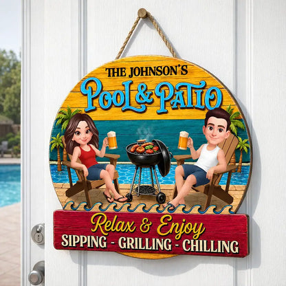 Personalized Wooden Sign with Cartoon Couple by Pool & Patio, Unique Creative Gift for Couples