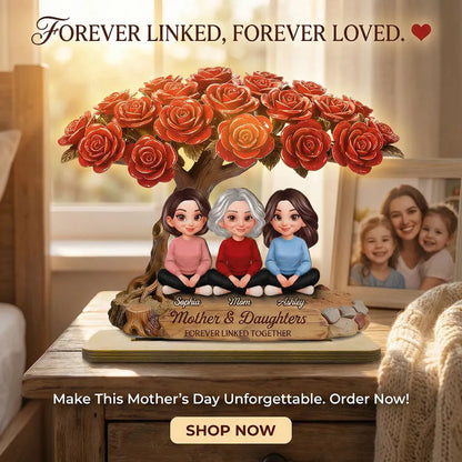 Personalized 2-Layer Wooden Plaque Rose Tree Mom and Daughters Cute Cartoon Keepsake, Unique Gift for Mom