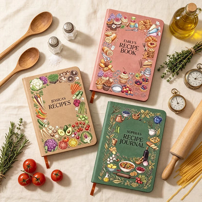 Personalized Leather Journal, Family Recipe Keepsake with Botanical Food Art, Creative Gift for Home Cooks