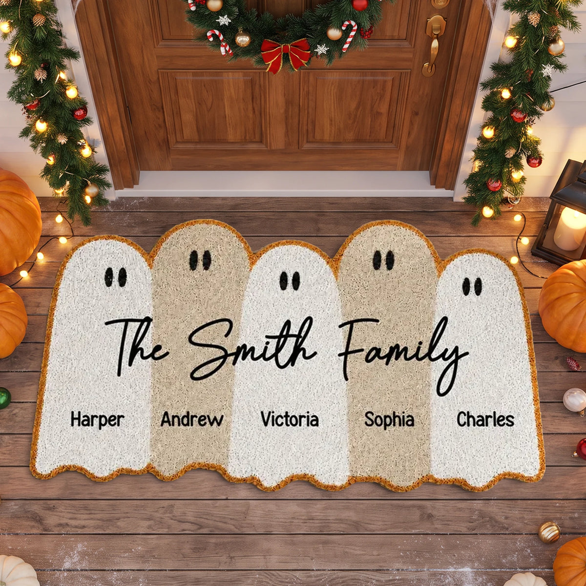 Personalized Ghost Family Shaped Doormat, Cute Halloween Entry Decor, Unique Gift for Families