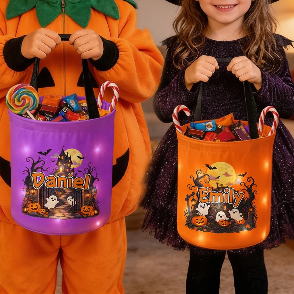 Personalized LED Light Up Basket with Haunted House and Ghosts, Trick-or-Treat Keepsake, Unique Gift for Kids