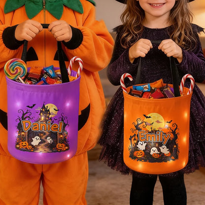 Personalized LED Light Up Basket with Haunted House and Ghosts, Trick-or-Treat Keepsake, Unique Gift for Kids