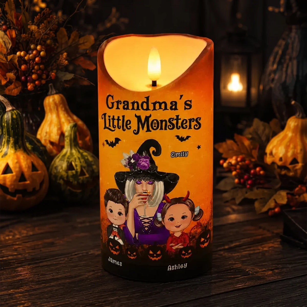 Personalized Flameless LED Candle, Grandma Witch & Kids Halloween Decor, Unique Gift for Grandma