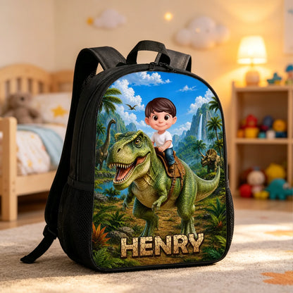 Personalized Kids School Backpack, Child Riding T-Rex Jungle Art, Unique Gift for Boys & Girls