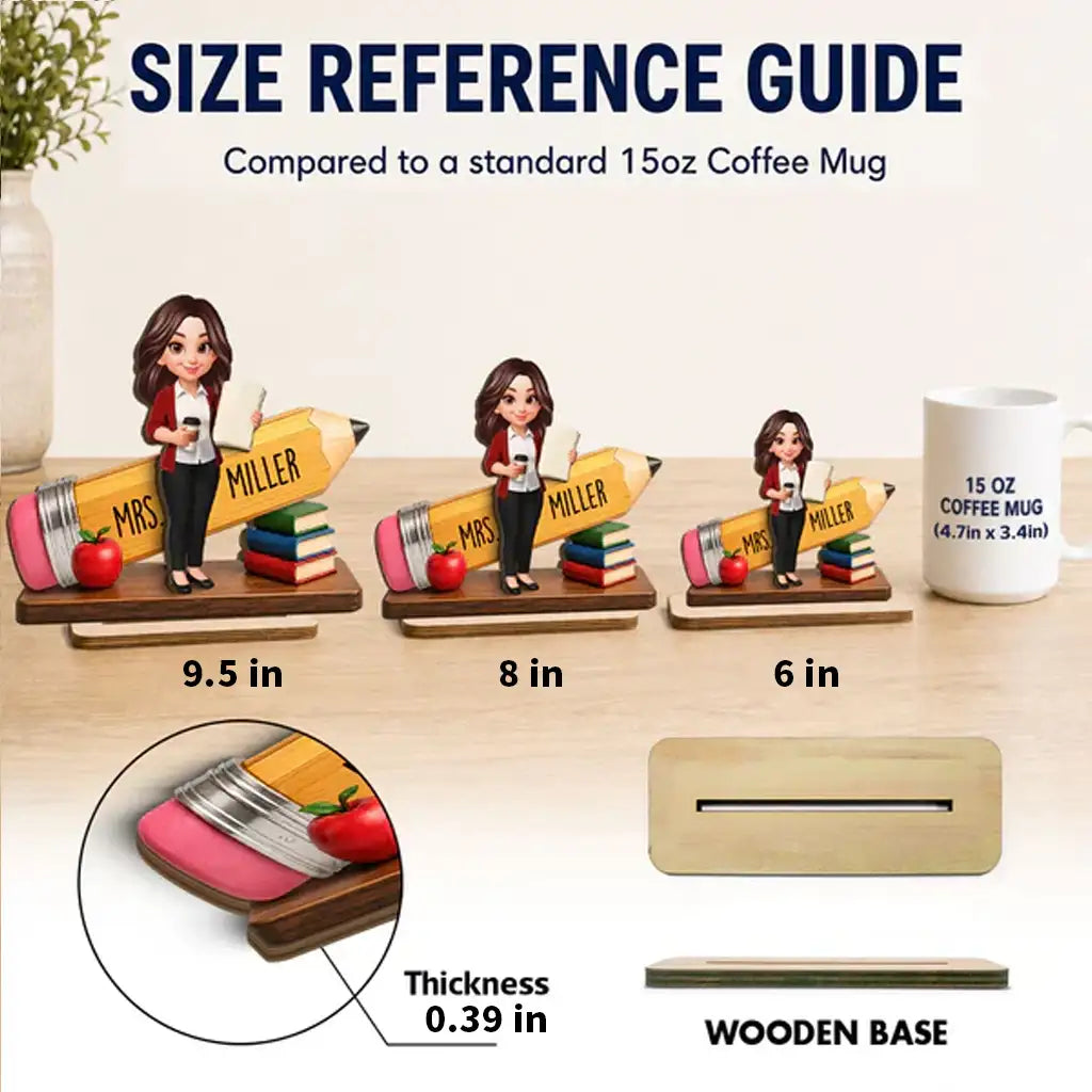 Personalized 2-Layer Wooden Plaque, Standing Teacher Pencil Design, Unique Gift for Classroom Desk