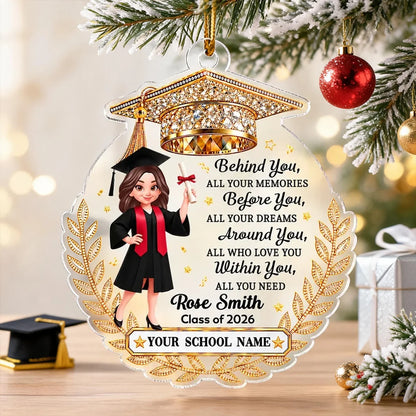 Personalized Acrylic Ornament, Graduate Holding Diploma, Gold Laurel, Unique Graduation Gift for Her, Him