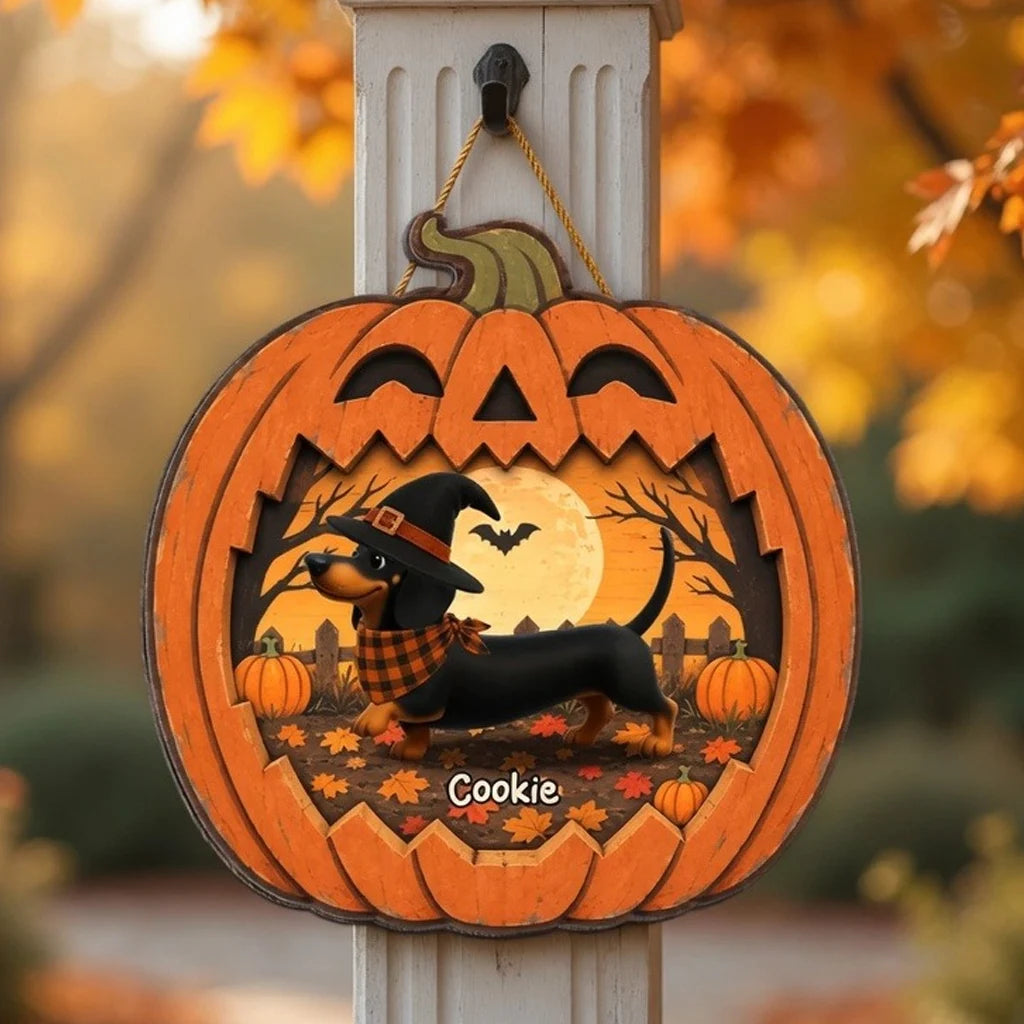 Personalized Wooden Sign, Dachshund in a Moonlit Pumpkin Patch, Creative Halloween Keepsake Gift for Pet Owners