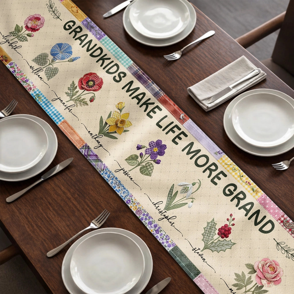 Grandkids Make Life More Grand Personalized Table Runner, Creative Gift for Grandparents