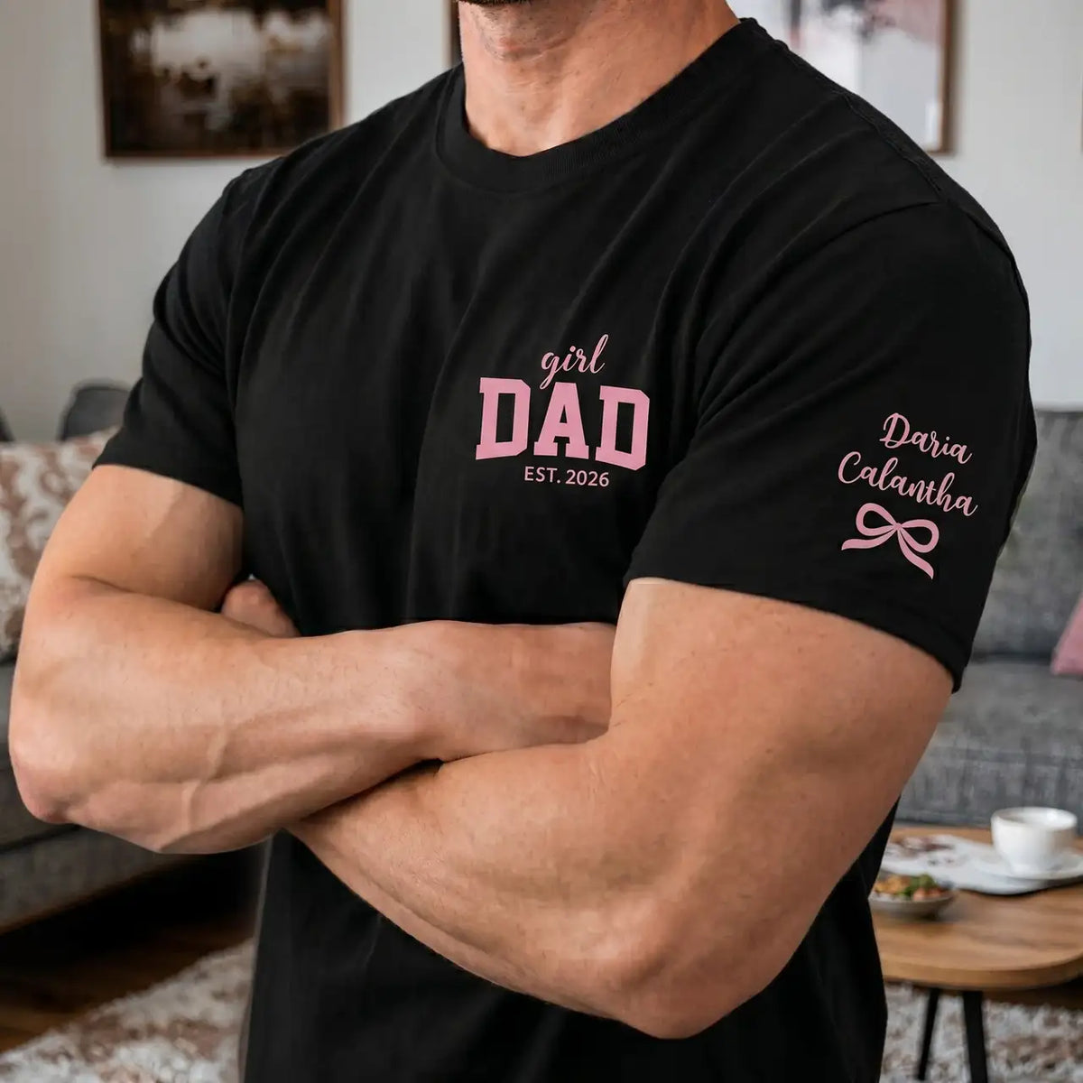 Personalized Girl Dad Dual Print Classic Tee, Pink Bow Design, Crossed Arms Look, Unique Creative Gift for Dad