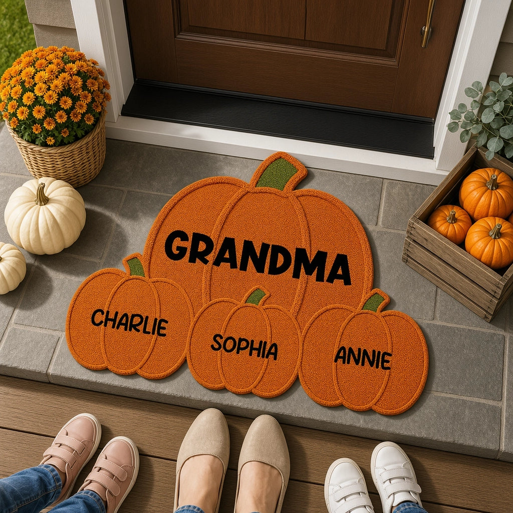 Personalized Pumpkin Shaped Doormat for Grandma, Unique Fall Entryway Gift with Little Pumpkins