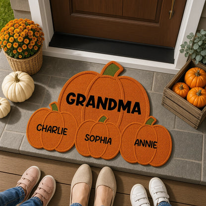 Personalized Pumpkin Shaped Doormat for Grandma, Unique Fall Entryway Gift with Little Pumpkins