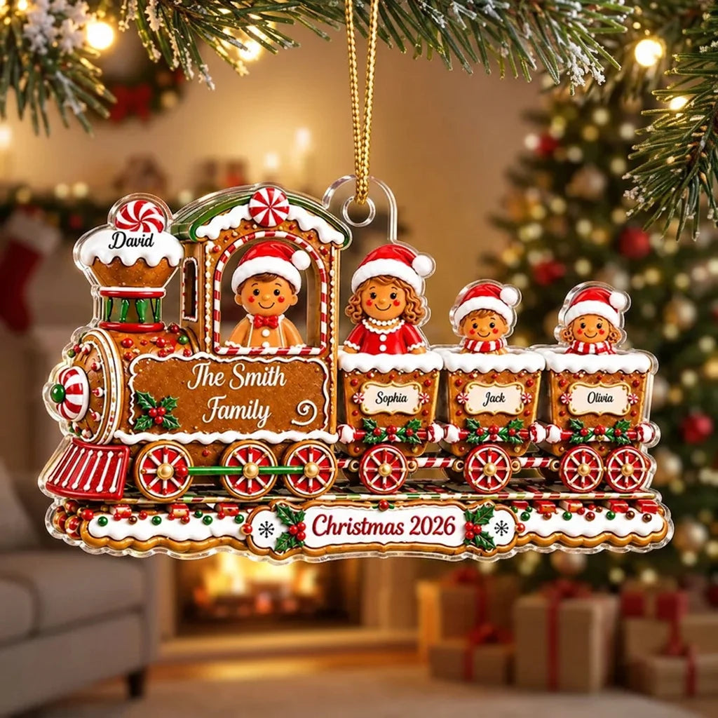 Personalized Acrylic Ornament, Gingerbread Family Train on a Christmas Tree, Unique Holiday Gift for Family