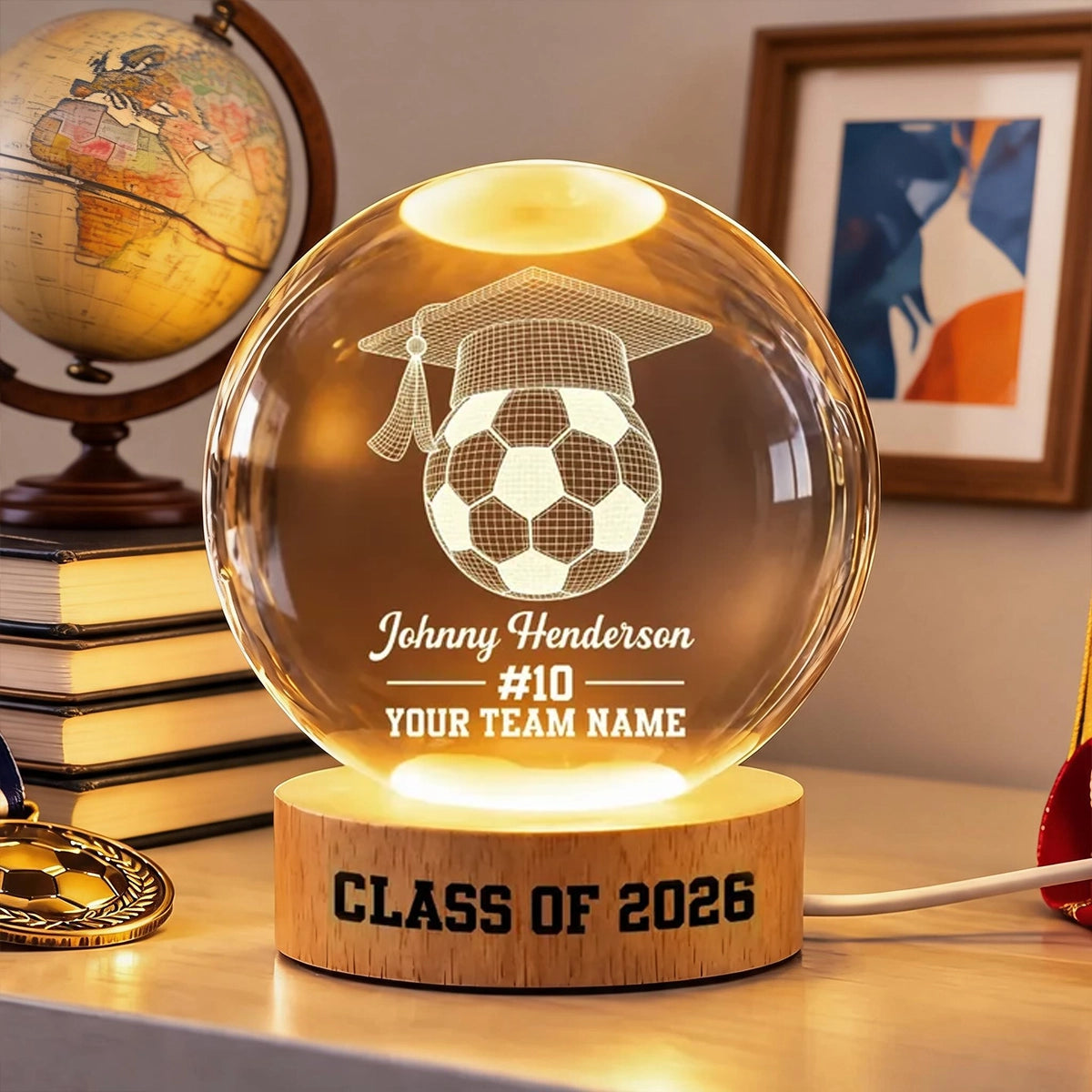 Personalized Globe Lamp, Soccer Senior Keepsake for a Warm Desk Display, Creative Gift for Graduate