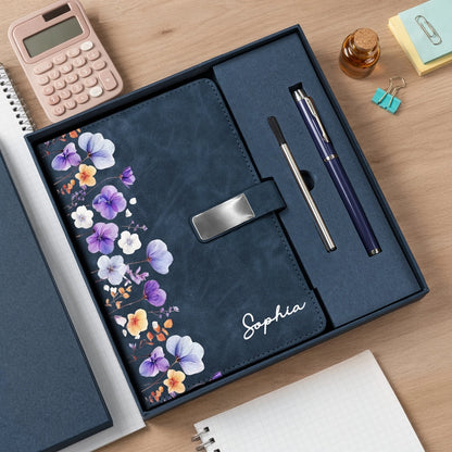 Custom Floral Metal Buckle Notebook Set with Name, Deep Navy Botanical Style, Thoughtful Gift for Daughter or Friend
