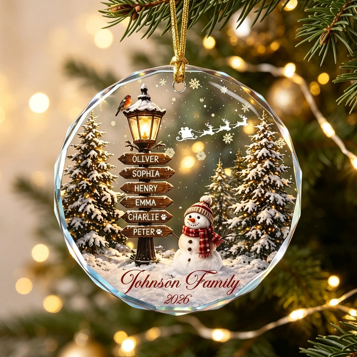 Personalized Crystal Ornament, Snowman Family Christmas Scene, Unique Gift for Family