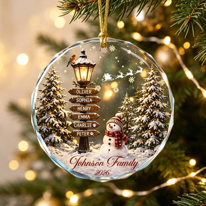 Personalized Crystal Ornament, Snowman Family Christmas Scene, Unique Gift for Family