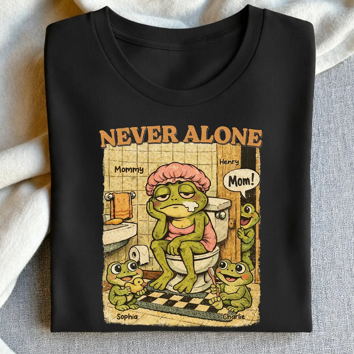 Personalized Never Alone Frog Mom Classic Tee, Funny Retro Bathroom Cartoon, Unique Gift for Mom