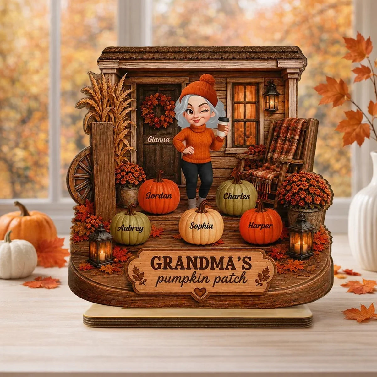 Personalized Wooden Plaque, Grandma Holding Coffee on a Cozy Autumn Porch, Unique Family Gift