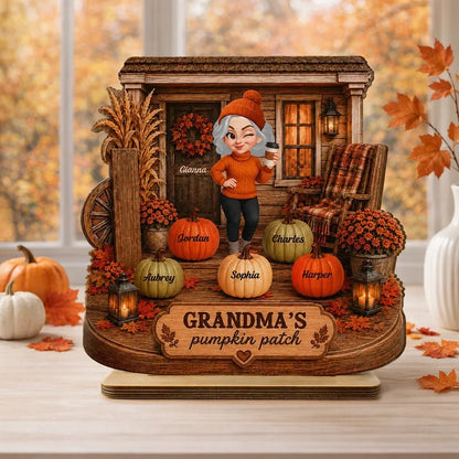 Personalized Wooden Plaque, Grandma Holding Coffee on a Cozy Autumn Porch, Unique Family Gift