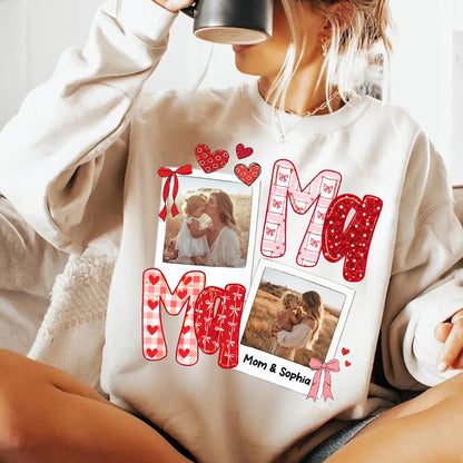 Custom Mama Classic Tee with Mom and Child Hugging Photos Red Valentine Style Hearts A Heartwarming Unique Gift