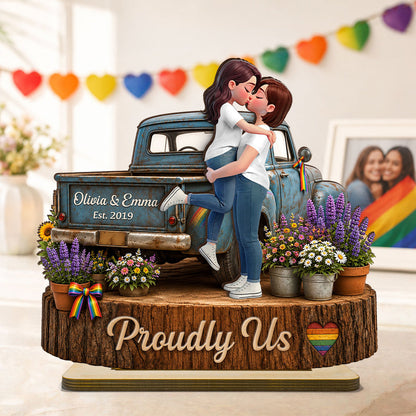 Personalized LGBT Couple 2-Layer Wooden Plaque, Kissing Pickup Truck Art, Proudly Us Creative Gift