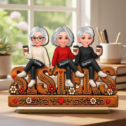 Personalized Wooden Plaque, Sisters Sitting Together with Coffee, Rustic Floral Unique Gift for Sister